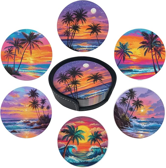 Sunset Beach Coasters for Drinks with Holder Round Leather Coasters Set of 6 Cups Mugs Mat Pad for Home Kitchen Bar
