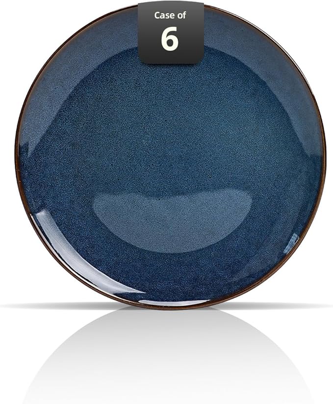 Organic Shape Highland Ceramic Salad plates, 6pcs 8 Inch Handmade Reactive Glaze Dinnerware Sets with Wavy Edge, for Kitchen, Microwave & Dishwasher Safe, Scratch Resistant-Blue