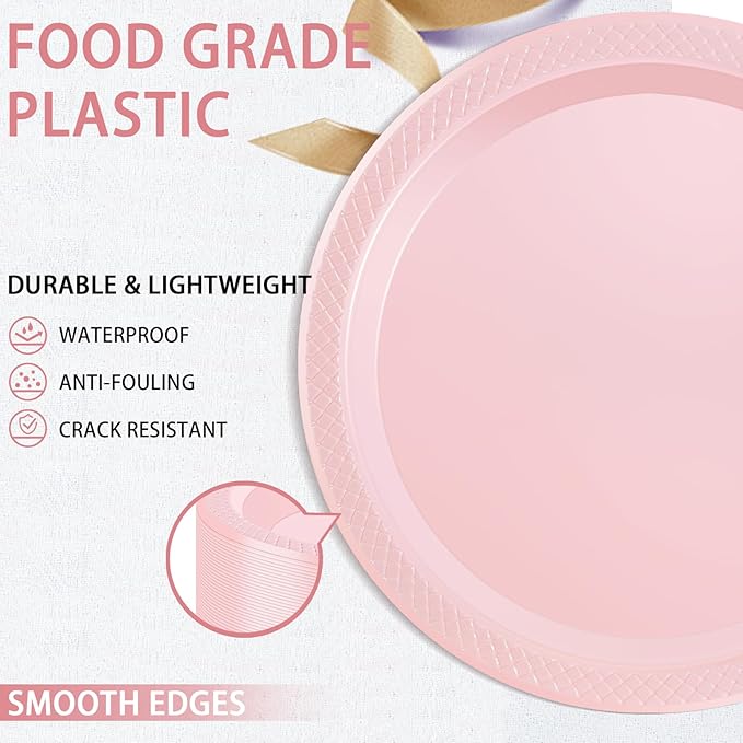 WELLIFE Pink Plastic Plates 9 Inch -150 Count for Party, Disposable Plastic Party Plates for Valentine's Day Easter Mother's Day Baby Shower Dinner Dessert Cake Light Pink
