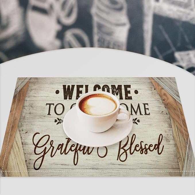 Vintage Farmhouse Placemat Set, Beige White Rustic Wooden Plank Patchwork Welcome Home Letter Inspirational Quotes Pattern Home Decor Linen Table Mats for Dining Room Kitchen Party (17x12in) x4P