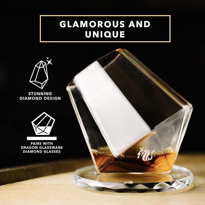 Dragon Glassware Crystal Coasters - Clear Glass Coasters for Drinks Set of 4 - Barware for Coffee Table - Diamond Coaster Set with Holder