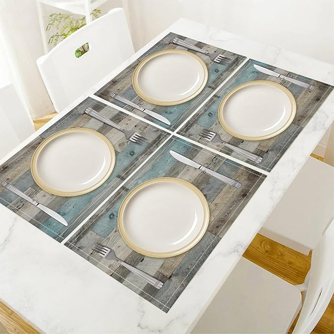 Rustic Plank Placemat Set, Vintage Old Shabby Colorful Beige Brown Blue Farmhouse Barn Wooden Board Pattern Home Decor Linen Table Mats for Dining Room Kitchen Party (17x12in) x2P