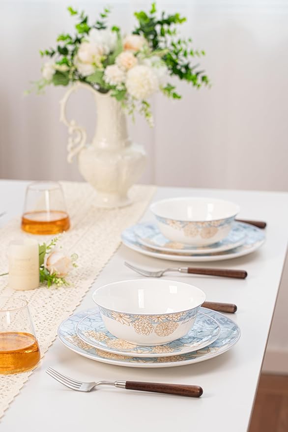 High Bone China Dinnerware Set, 12-Piece Artistic Blue Plates and Bowls, Lightweight & Chip Resistant Ceramic Service for 4, Dishwasher Safe Elegant Kitchen Dining