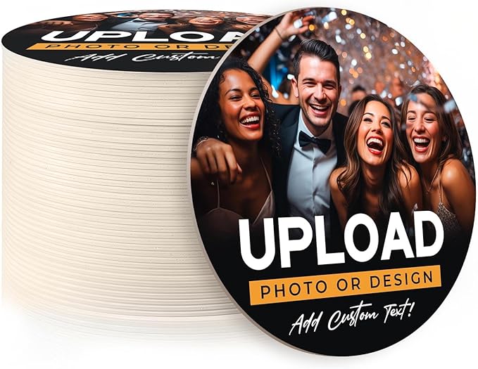 20 Pack, Personalized Drink Coasters, Custom Cardboard Coasters with Photo and Text, Design Your Own Coaster for Events, Parties, Bars, and Unique Gifts, 3.95" Round