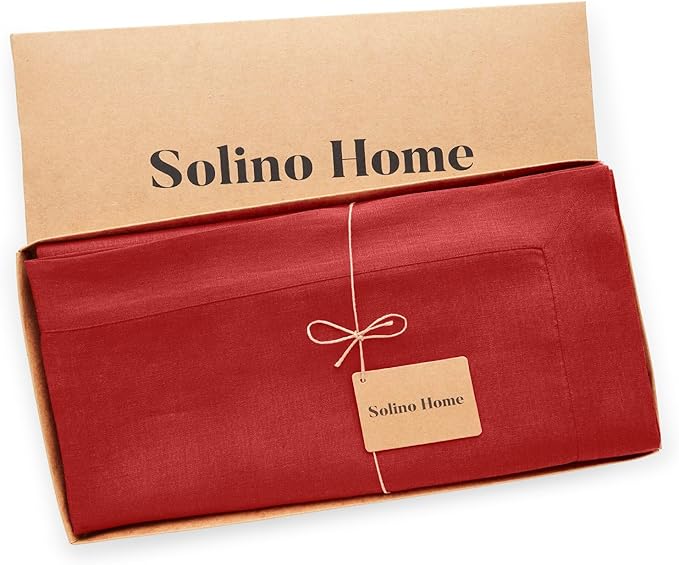 Solino Home Linen Red Tablecloth 60 x 108 Inch - 100% Pure Linen Rectangular Tablecloth - Machine Washable Table Cloth for Valentines, Winter - Fete