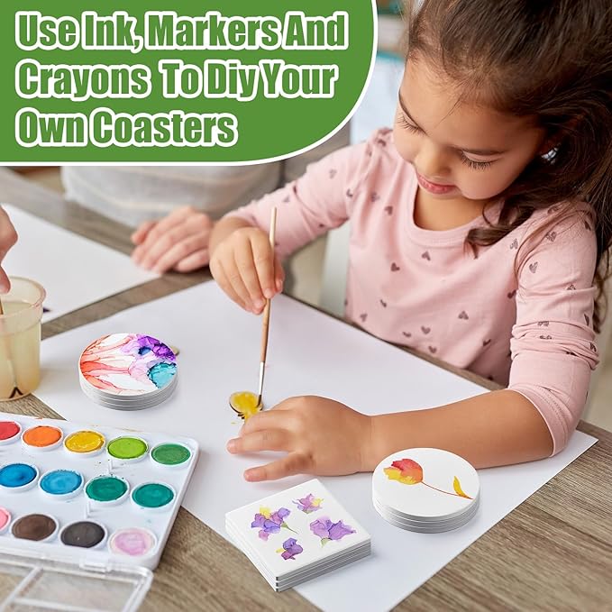 Zopeal 48 Pcs Ceramic Tiles for Crafts Coasters Include Unglazed White Ceramic Tiles with Cork Backing Pads Use with Alcohol Ink Acrylic Pouring for DIY Project Gift (Square)