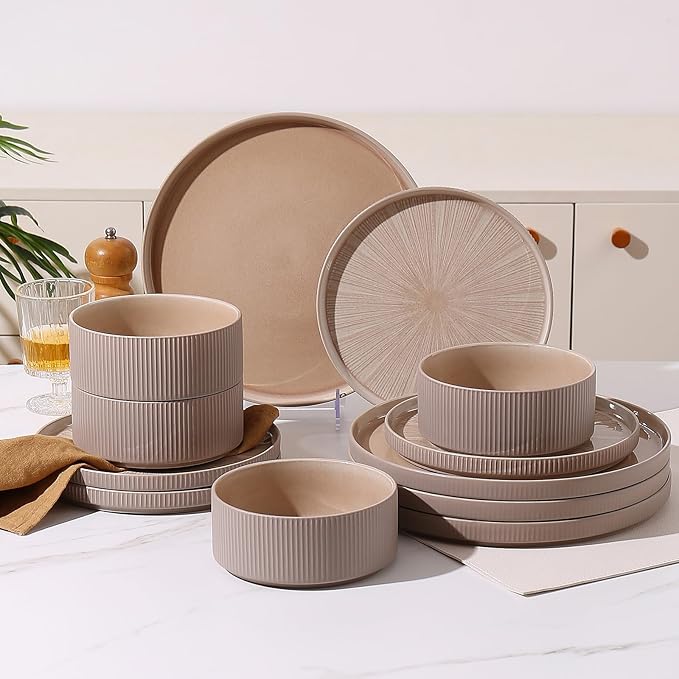 Dinnerware Sets for 4, Ceramic Plates and Bowls Set 12 Piece Dinnerware Chip Resistant Stoneware, Dishwasher and Microwave Safe-Brown