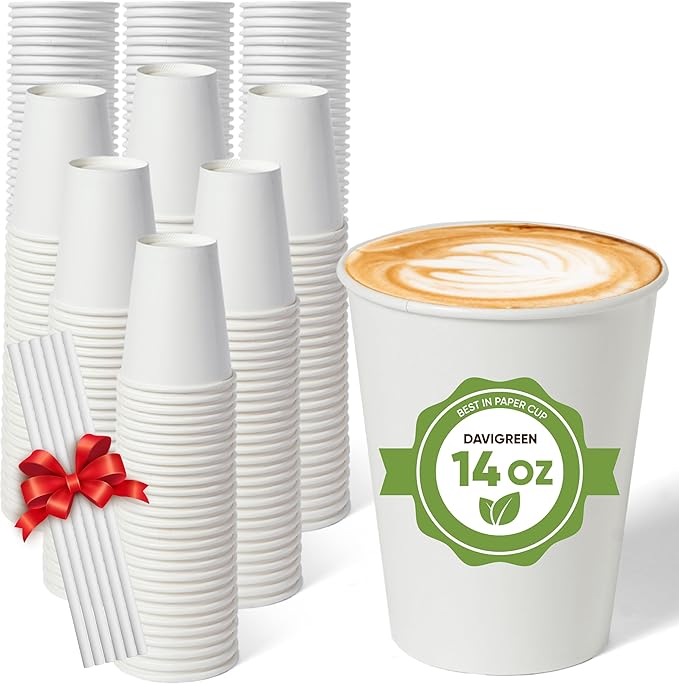 Paper Cups 16 oz – 200 Disposable Coffee Cups with 100 Paper Straws | Hot & Cold Cups for Coffee & Tea up to 150°F | Food-Contact Compliant Paper (FDA 21 CFR 176.170)