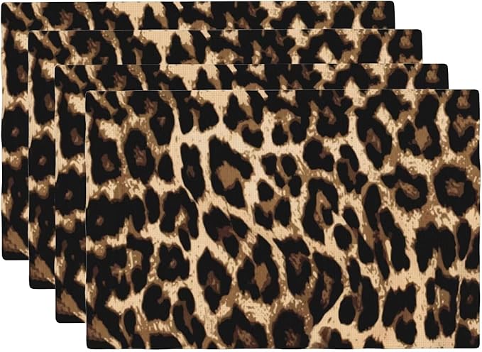Black Brown Leopard Print Placemats Set of 4 Cheetah Leopard Skin Linen Washable African Wild Animal Placemat Kitchen Dining Heat-Resistant Place Mats Desktop Decor Table Mats 12x18 Inch