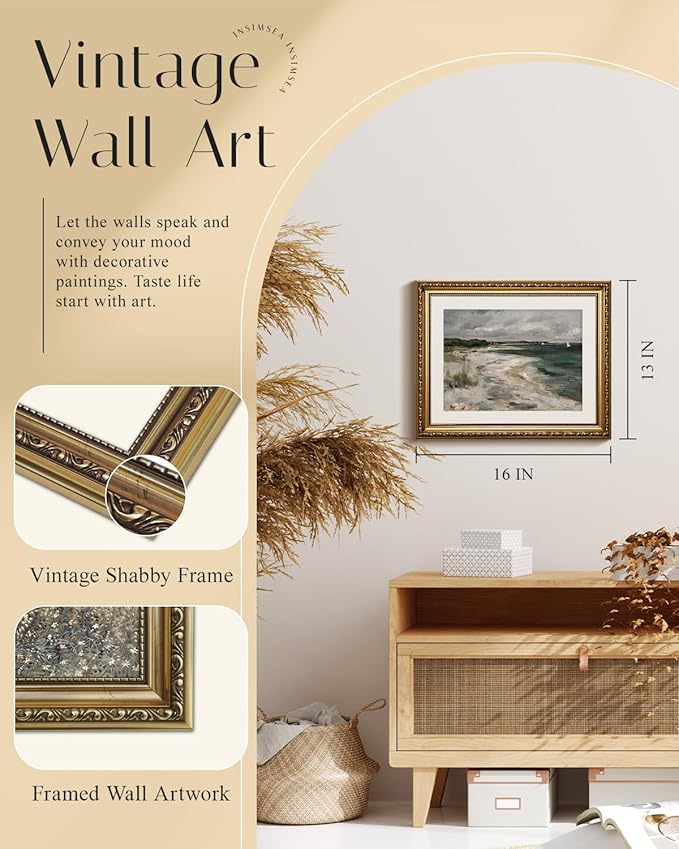 InSimSea Retro Gold Framed Wall Art, Home Room Coastal Storm Clouds Vintage Wall Decor, Canvas Print Artwork, Farmhouse Country Decor, Antique Picture Frame Landscape Paintings, 13x16 Inch