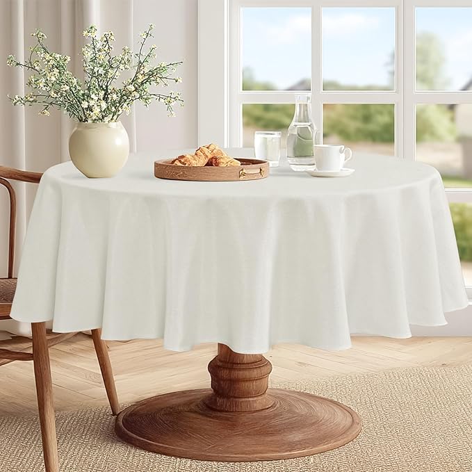 JIUZHEN Round Textured Table Cloth Linen Wrinkle Free Stain Resistant Farmhouse Decorative Circular Tablecloth for Kitchen, Dining, Party, Wedding, Outdoor Use (50 Inch Round,White)