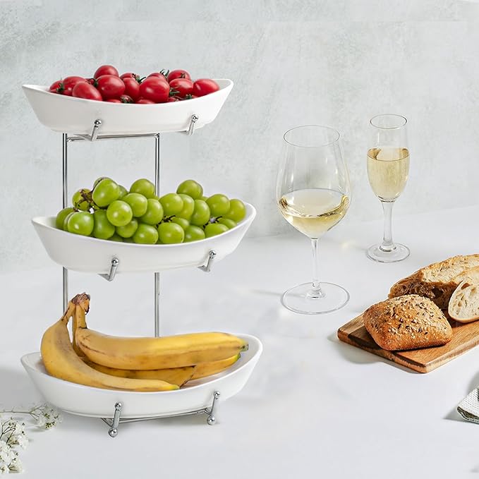 Fruit Bowl Basket for Kitchen Counter, 3 Tier Ceramic Serving Bowls with Metal Stand, Tiered Fruit Basket for Fruit, Vegetable, Snack, Nuts, Serving Tray Set for Entertaining