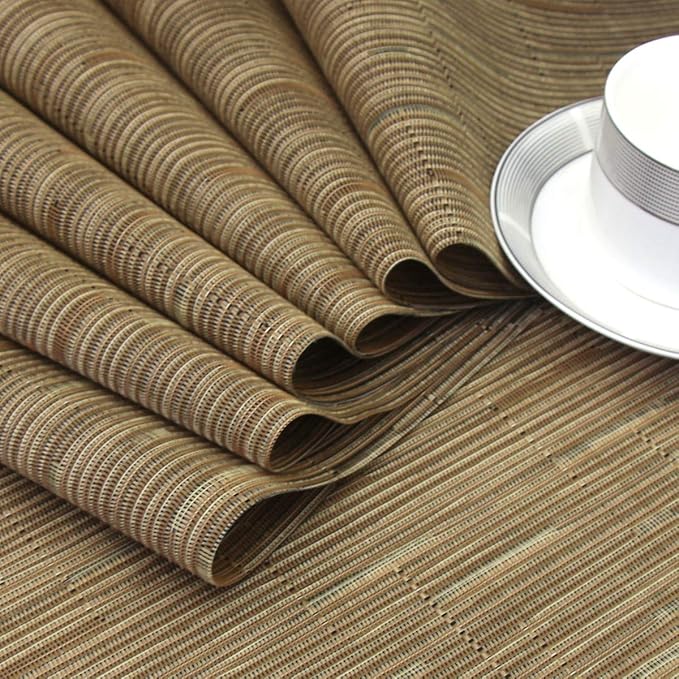 Wedge Shape Placemats for Round Dinner Table Woven Vinyl Wipe Clean Non Slip Plastic Table Mats Set of 6（Khaki）