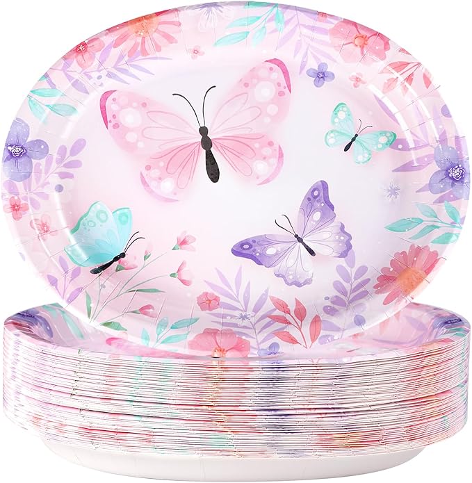 50Pcs Butterfly Oval Paper Plates 10" x 12" Large Disposable Heavy Duty Watercolor Butterfly Floral Party Plates Pink Spring Dessert Platters for Girls Baby Shower Butterfly Birthday Party Supplies
