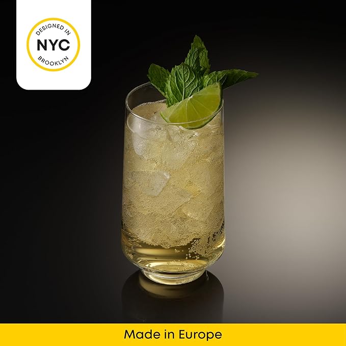 JoyJolt Sidney Highball Glasses Set of 4 | 16 oz Drinking Glasses for Water, Soda, Cocktail, Mojito, Tom Collins | Tall Glass Cups | Home Bar Glass Set | Premium Crystal Barware Made in Europe