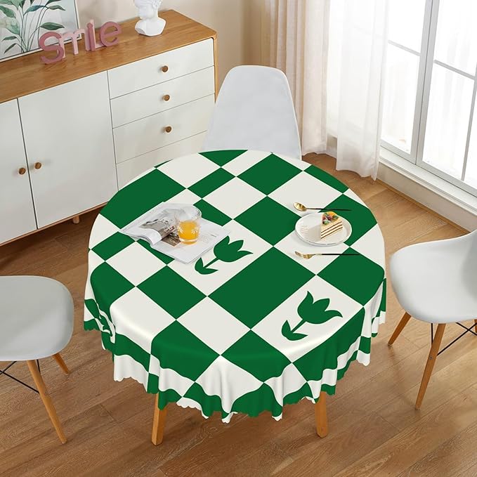 Laeacco 54 Inch Geometric Round Tablecloth Green White Plaid Square Flower Modern Abstract Art Print Table Cloth Washable Waterproof Wrinkle Free Table Cover for Kitchen Dining Picnic Party Decor