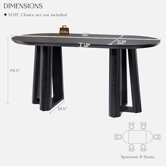OKD 63" Dining Table for 6-8, Oval Dining Room Table with Triangular Structure Pedestal Stable Base, Curved Table Edge, Circle Kitchen Tables for Dining Room, Kitchen, Black Oak