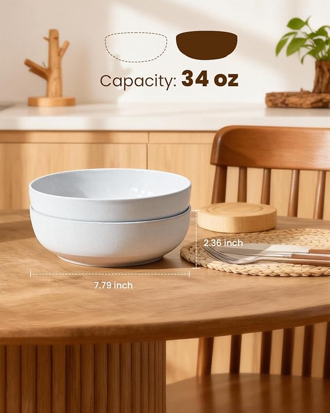 Pasta Bowls Set of 8, 34oz Speckled Ceramic Bowls Set for Serving Salad, Pasta, Soup, Dinner, 8" Wide and Deep Bowls, Dishwasher & Microwave Safe, Matte Terracotta Base (Gray White)