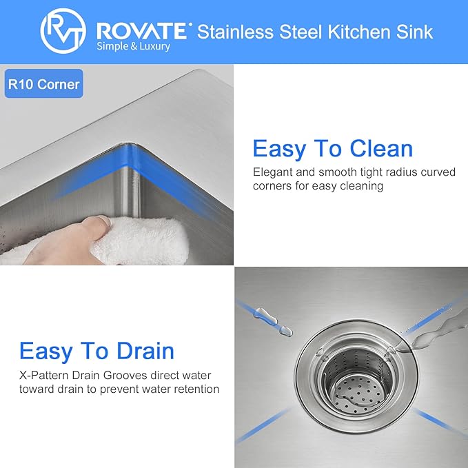 ROVATE 17 x 19 Inch Drop in Bar Sink Single Bowl, Topmount 304 Stainless Steel Small Kitchen Sink with 1 Hole, Handmade Overmount Wet Bar Prep Sinks with Basket Strainer