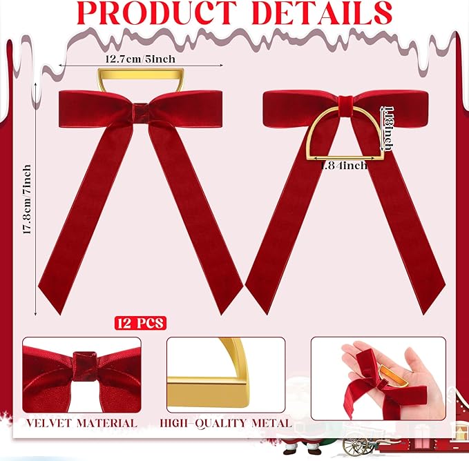 Riceshoot Velvet Bow Napkin Rings Bows with Gold Semicircle Metal Napkin Ring Velvet Bow Holder for Wine Bottles Table Settings Candlestick Wedding Valentine's Day Dinner(Claret Red,12 Pcs)