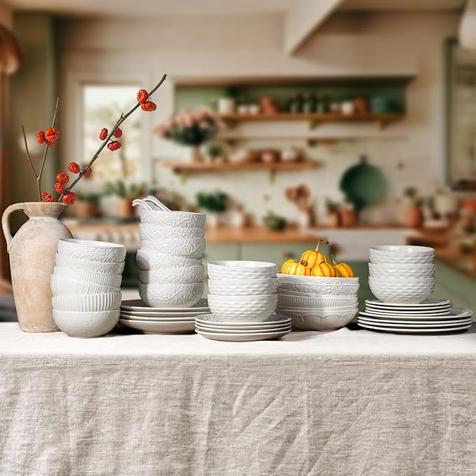 Artena Cereal Bowls 26 OZ, Ceramic Soup Bowls For Kitchen, Embossment Bowls For Rice Pasta Salad, White Bowls For Breakfast Lunch Dinner, 6 Inch, Set Of 6, Dishwasher & Microwave Safe, Lianas