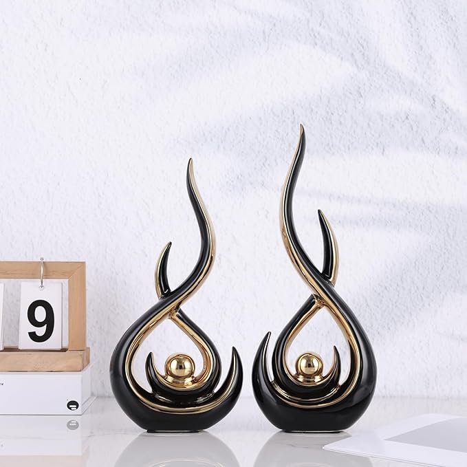 DOVDOV Ceramic Abstract 2 Piece Statue Set, Black and Gold Home Decor Accents for Home Decor Statue Mantelpiece on Unique Shelf Decor, TV Cabinet Divider Table top and Dining Table Centerpiece.
