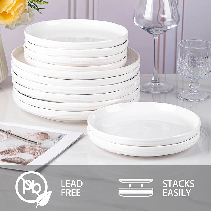 White Salad Plates Set of 6, 8 Inch Small Ceramic Ribbed Texture Dinner Plates, Kitchen Serving Dishes for Appetizer, Dessert, Microwave & Dishwasher Safe, Scratch Resistant