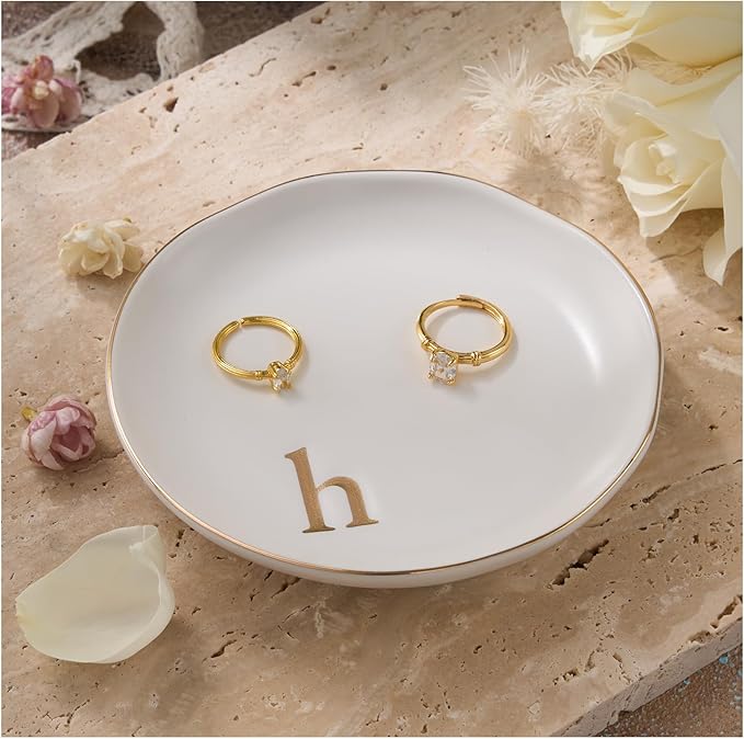 Lolalet Handmade Ceramic Ring Dish Jewelry Tray Plate with Initial, Small Monogram Gift for Her Women Girls Mother, Hostess, Engagement, Bridal Shower, Maid of Honor, Bridesmaid, Birthday, Christmas