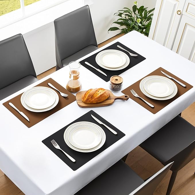 MOSAYT Vinyl Placemats Set of 6, Heat Resistant Place Mats 100% Waterproof Washable & Wipeable Faux Leather Reversible Table Mats for Kitchen Dining Party Indoor Outdoor, 12" x 17", Black/Brown