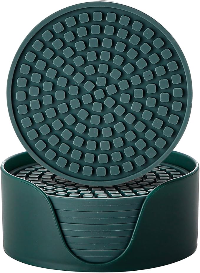 Colinda Silicone Drink Coasters with Holder, Set of 6, Outdoor Cup Mat for Hot or Cold Drinks, Thickened, Non-Slip,Non-Stick, Malachite Green