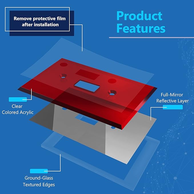 LIDER Reflective Acrylic Toggle Switch Wall Plate, Mirrored Light Switch Cover, Plexiglass Cover Plate, Acrylic Glass, Oversized 1-Gang 5.25" x 3.44", LWP-11O-ARD5P, Red, 5 Pack