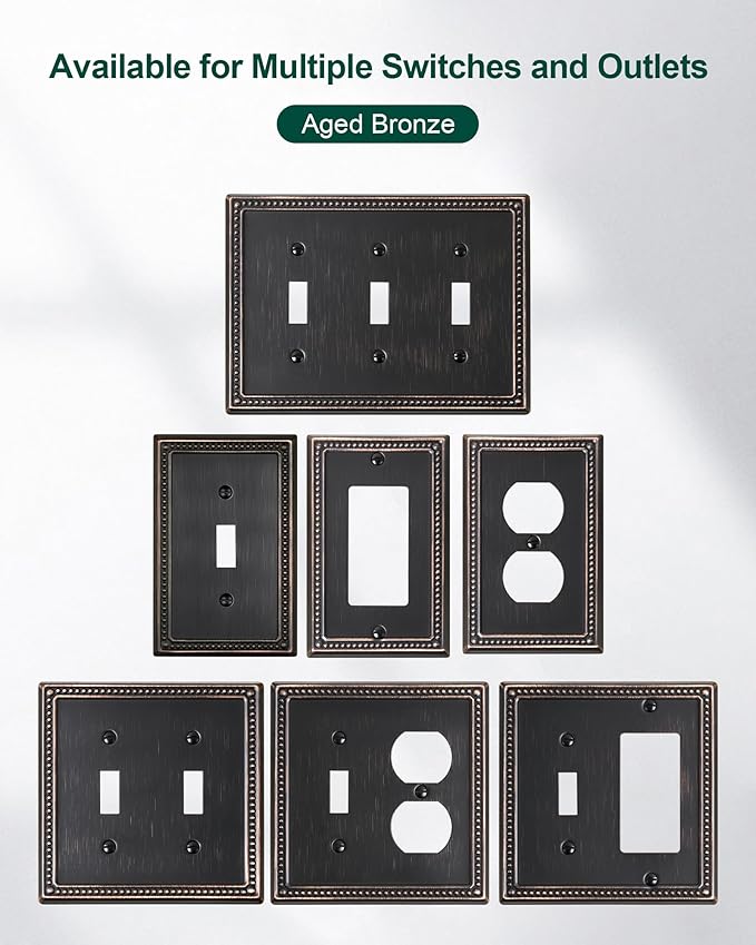 2-Pack Double Toggle Light Switch Cover Plate, Pearls Decorative Dual Switch Plate Covers, Aged Bronze 2 Gang Metal Wall Plate, Corrosion Resistant