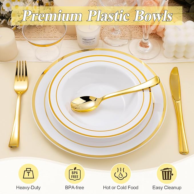 BESTSTAR 100 Pack Disposable Soup Bowls with Gold Rim, 12oz Premium Heavy Duty Plastic Dinner Bowls for Party, Wedding and Holiday