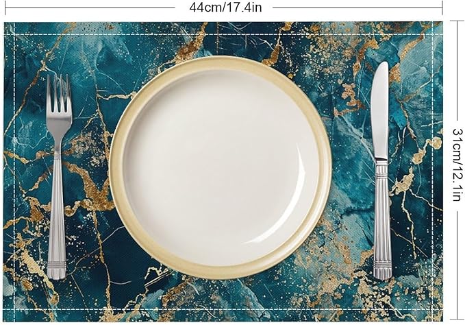 Marble Linen Placemats Set of 2, 12x17 Inch Abstract Modern Foil Stone Texture Blue Gold Marble Table Mats Washable Fabric Place for Party Kitchen Wedding Dining Banquets Decor