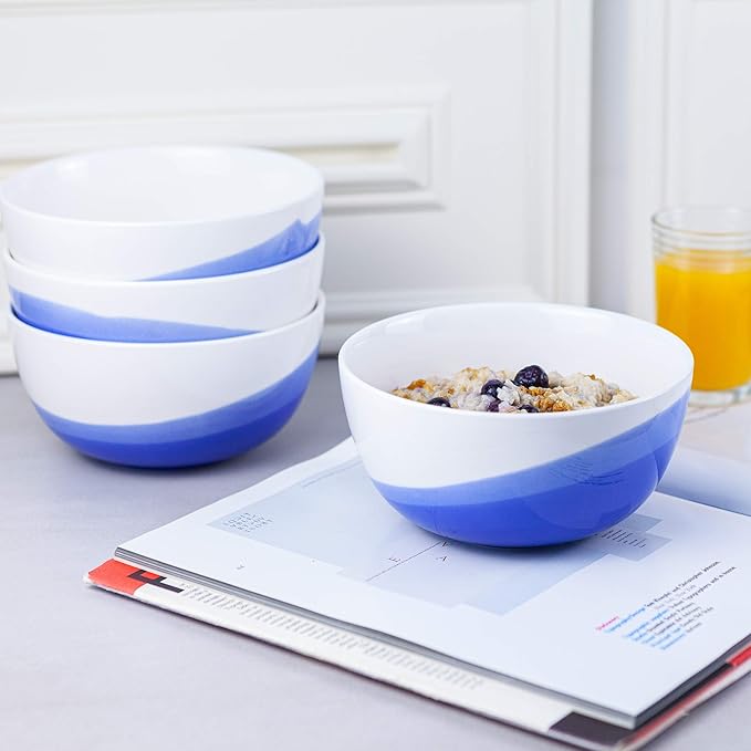Ombre Cereal Bowls in Oia Blue - 34 oz - For Soup, Dessert, Noodle, Salad, Snacks, Serving - Ceramic Porcelain Bowl Set of 4 - Ombre Dinnerware Collection