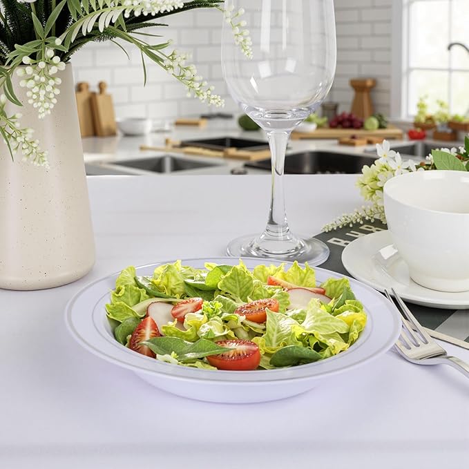 bUCLA 120 Pack Disposable Plastic Bowls 12oz - Elegant White & Silver Trim Party Bowls for Salad, Soup, Dessert - Heavy Duty Disposable for BBQ, Weddings and Christmas