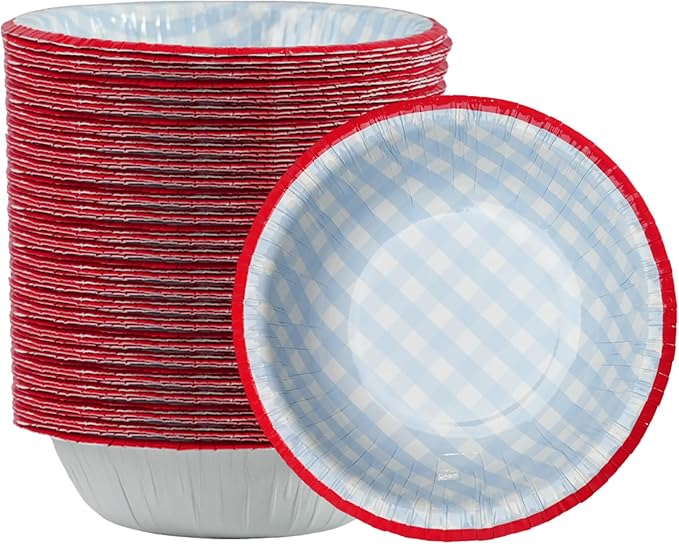 50 Pcs Small Paper Bowls, 8 oz Disposable Gingham Bowls, Soak Proof, Cut Proof, Microwave Safe Compostable Checkered Bowl for Ice Cream, Snack, Buffalo Plaid Birthday Party Supplies (Blue)