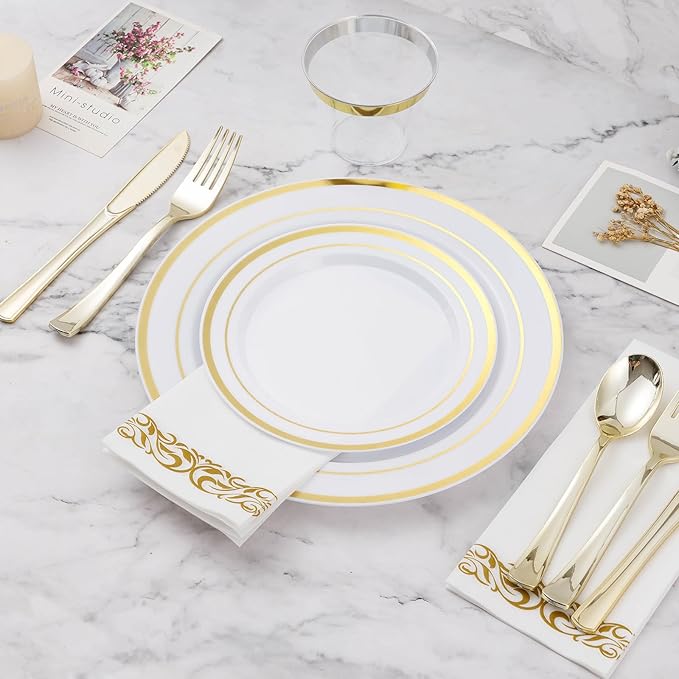BESTVIP 700 PCS Gold Dinnerware Set for 100 Guests, Plastic Dinnerware Set for Party, Christmas, Include: 200 Plastic Plates, 100 Gold Silverware, 100 Cups, 100 Paper Napkins