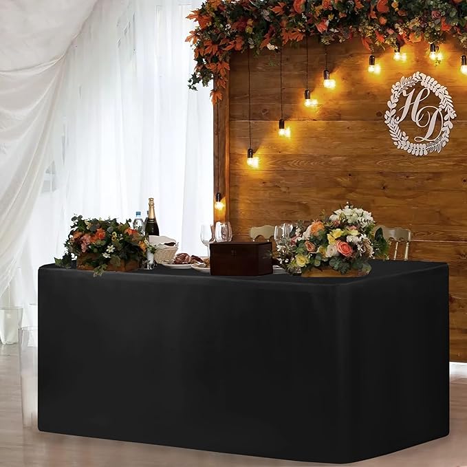 HolidayIdeas Fitted Table Clothes, 6 Pack - 48 x 24 Inch - Black Rectangle Tablecloths for 4 Foot Tables, Fabric Table Cover Protector for Parties, Holiday Dinner, Wedding, Trade Show