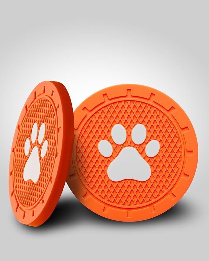 4 Pack Car Cup Coasters, Universal Dog Paw Print Non-Slip Silicone Cup Holder Inserts, Car Interior Accessories, Orange