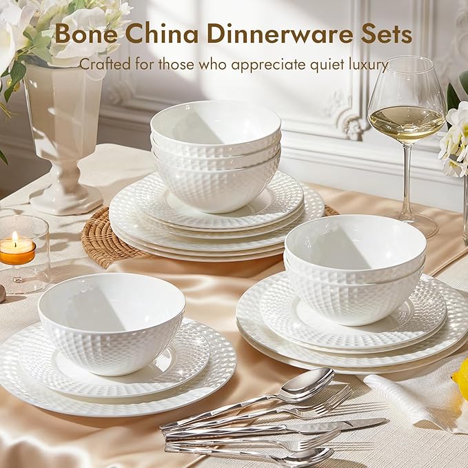 KINGSTONE Bone China Dinnerware Set, 24-Piece White Lightweight Porcelain for 8, Plates and Bowls with Rhombus patterned edge design, Microwave and Dishwasher Safe, for Family, Restaurant, Gifting