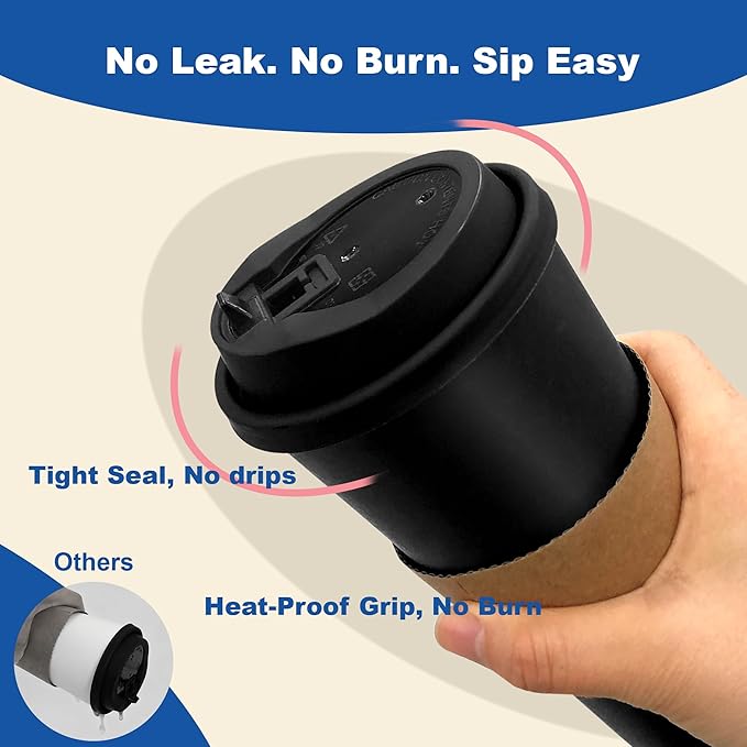 20 oz 100 Pack Coffee Cups with Lids and Sleeves, Straws, Hot Disposable To Go Travel Paper Cups Bulk for Office, Home Coffee Bar Accessories, Chocolate, Cocoa, Beverage (Black)