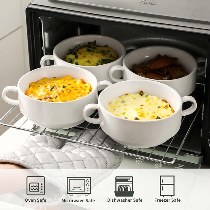 Soup Bowls, 22 oz French Onion Soup Bowls with Handles, Stackable Ceramic Bowls Set of 4, Dinner Bowls for Chili, Beef Stew, Soup, Cereal, Oven Microwave Dishwasher Safe, Matte White