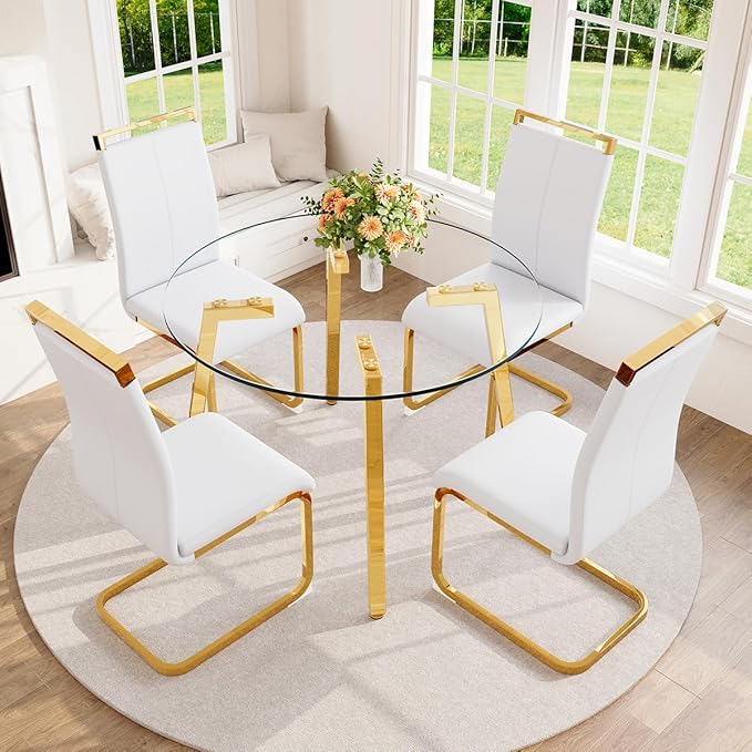 42" Round Glass Dining Table Set for 4,Modern Breakfast Table Set for 4 with Luxury Gold Chrome Legs,Space Saving Kitchen Table and White Chairs for Apartment,Easy Assembly