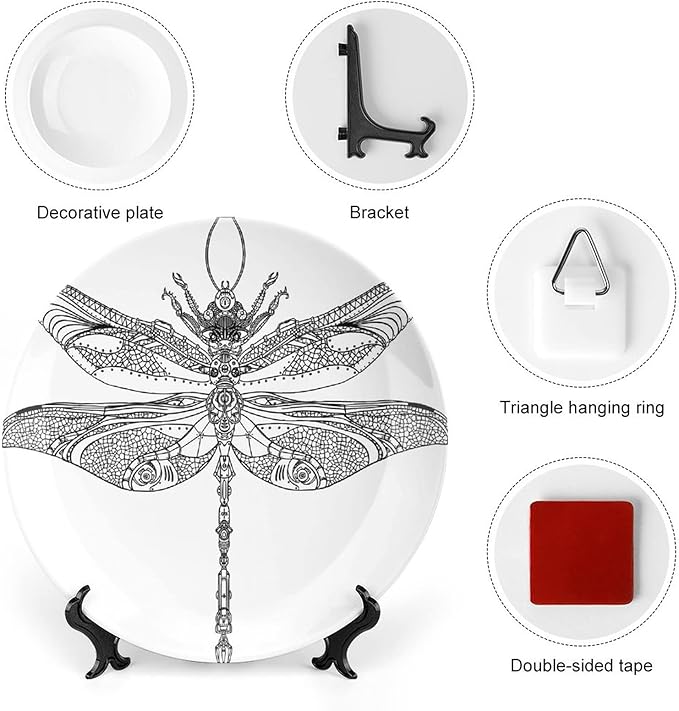 Ceramic Display Plate, Abstract Ceramic Hanging Decorative Plate, Animal Steampunk Dragonfly Pattern, 10 Inch, Living Room Kitchen Decoration Household, Black White