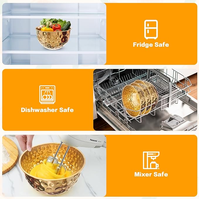 Gold Mixing Bowls Set of 5, Stainless Steel Mixing Bowls, Metal Nesting Salad Bowls Kitchen Food Storage Containers for Cooking, Baking, Prepping Christmas Serving, No Lids, 1.6/2/3.2/4.2/4.9 QT