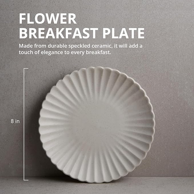 Goodies White Classic Flower Breakfast Plates (Set of 4), Handmade Ceramic, Glazed, Dishwasher Safe, Microwave Safe, Petal Shaped Rim Design, Durable, Stackable, Elegant Dinnerware, 8 Inch