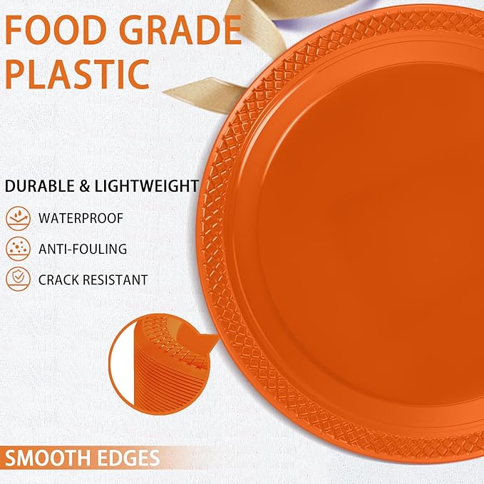 WELLIFE Orange Party Plates 9 Inch -150 Count, Plastic Disposable Dinner Plates for Party Easter Picnic BBQ Wedding Engagement Birthday