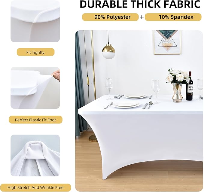 2-Pack 6ft White Spandex Table Covers for Rectangle Standard Folding Tables - Wrinkle Resistant Stretch Tablecloths - Ultimate Fitted Table Protector for Parties, Trade Shows, Banquet