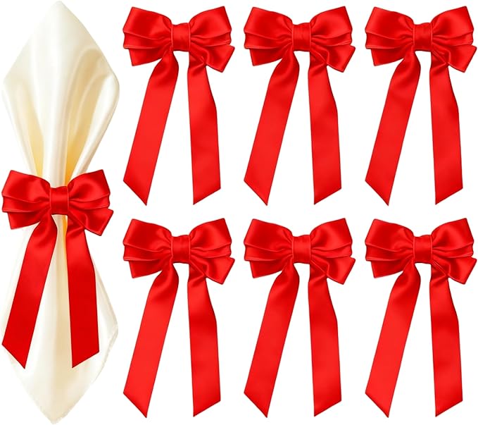Bow Napkin Rings Set of 6 Luxury Soft Red Velvet Napkin Holders, Elegant Bow Design for Christmas Holiday Dinner Wedding Party Table Decor